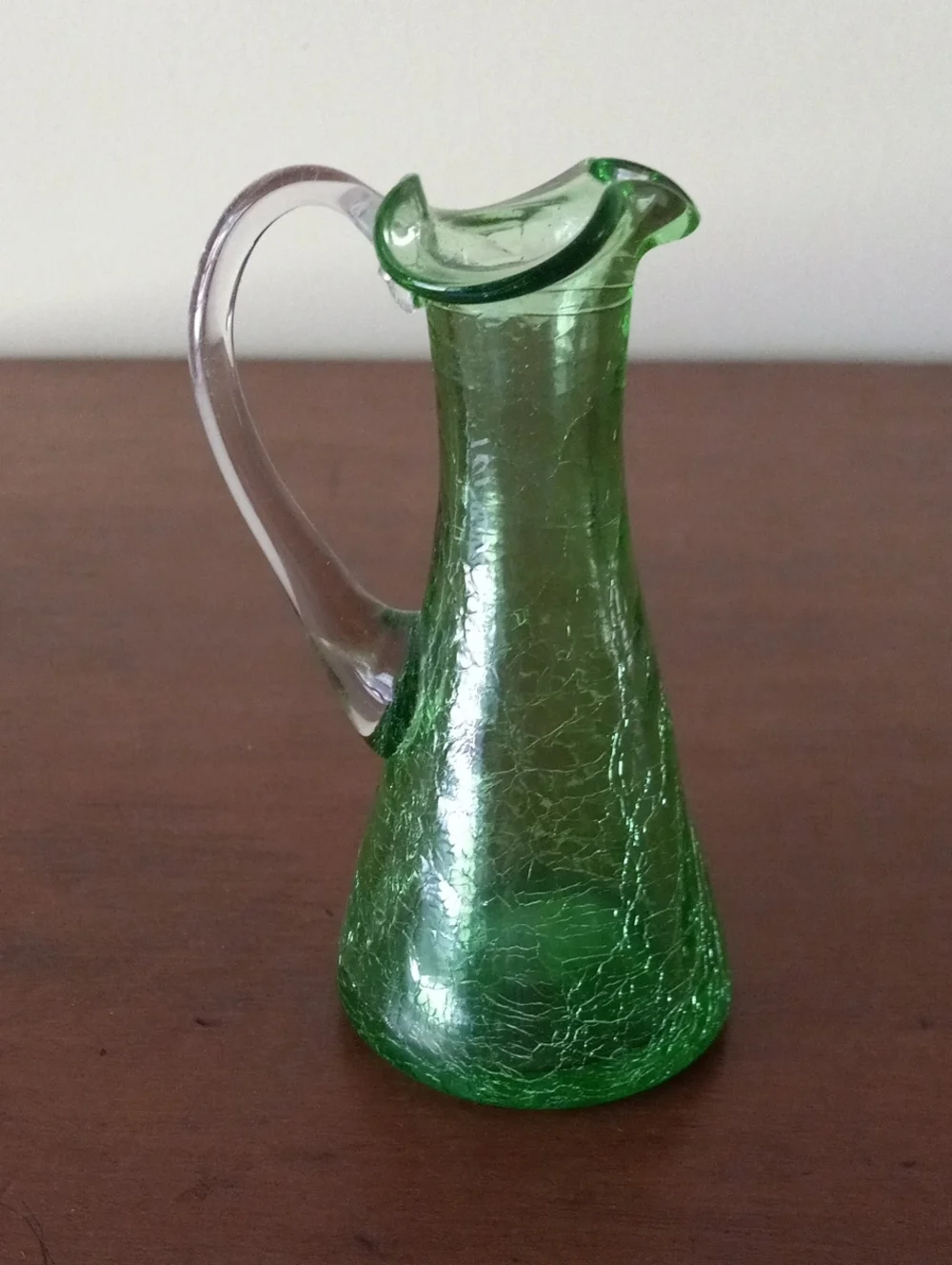 Green Crackle Art Glass Pitcher Vase with Clear Handle